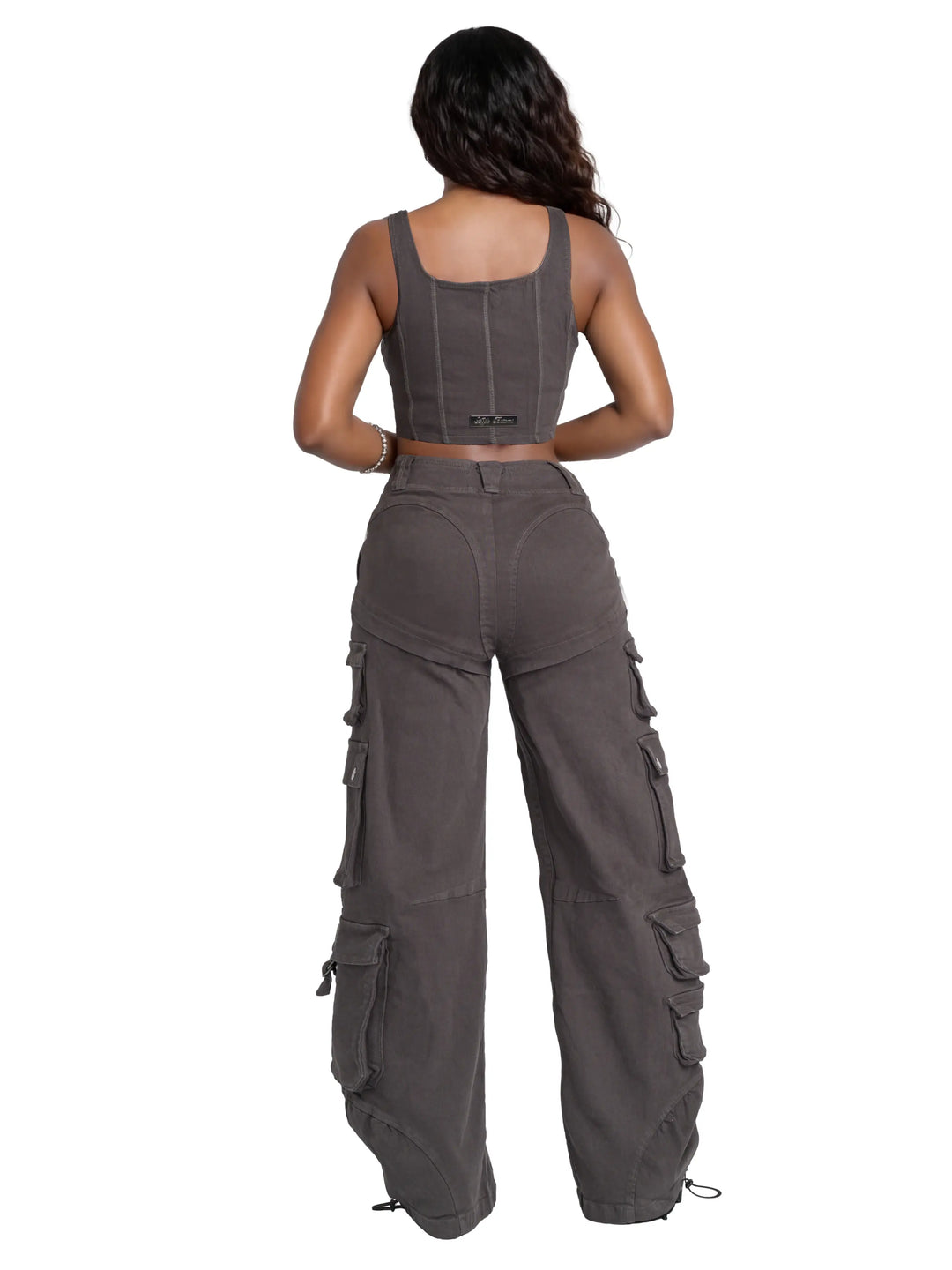 Low-rise twill cargo pants back view, dark charcoal with cargo pockets and drawcord hem