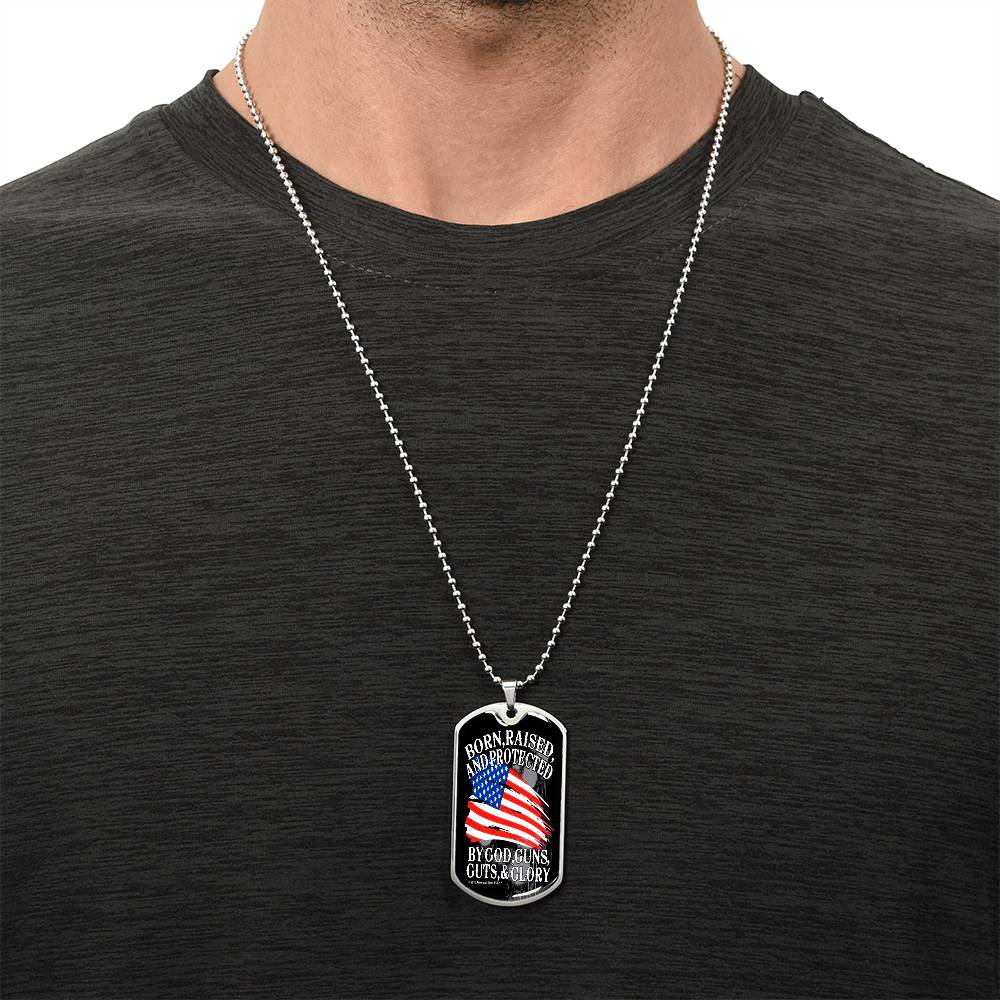 Silver chain worn necklace with patriotic dog tag pendant