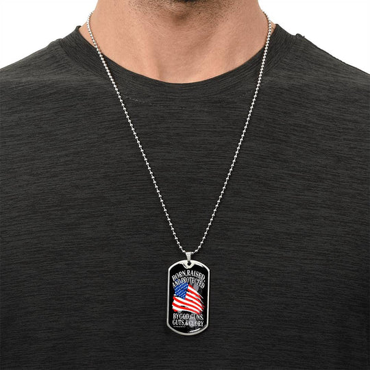 Silver chain worn necklace with patriotic dog tag pendant
