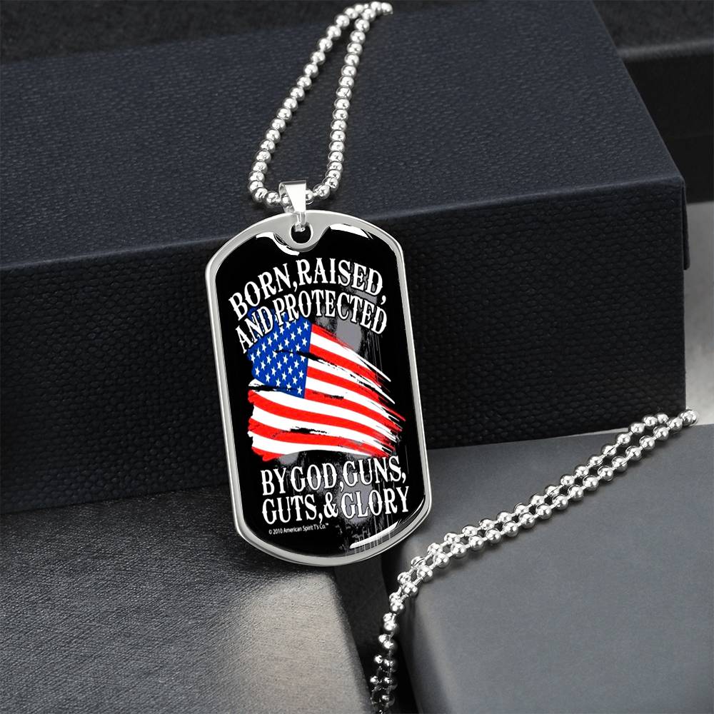 Silver army dog tag necklace with patriotic graphic pendant