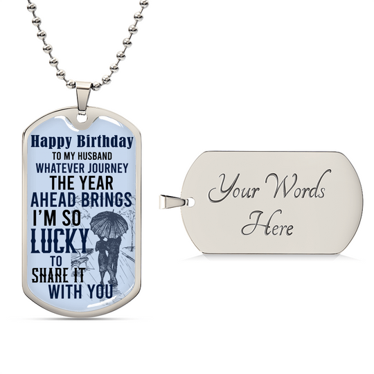 Happy Birthday dog tag necklace with silver chain and custom engraving panel, “Your Words Here”