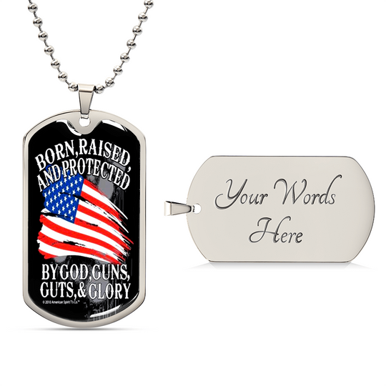 Silver dog tag necklace with chain; “Your Words Here” on curved pendant
