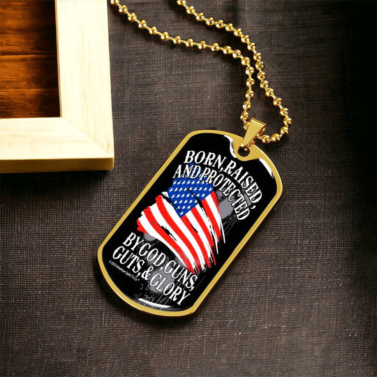 Gold army dog tag necklace with patriotic graphic pendant