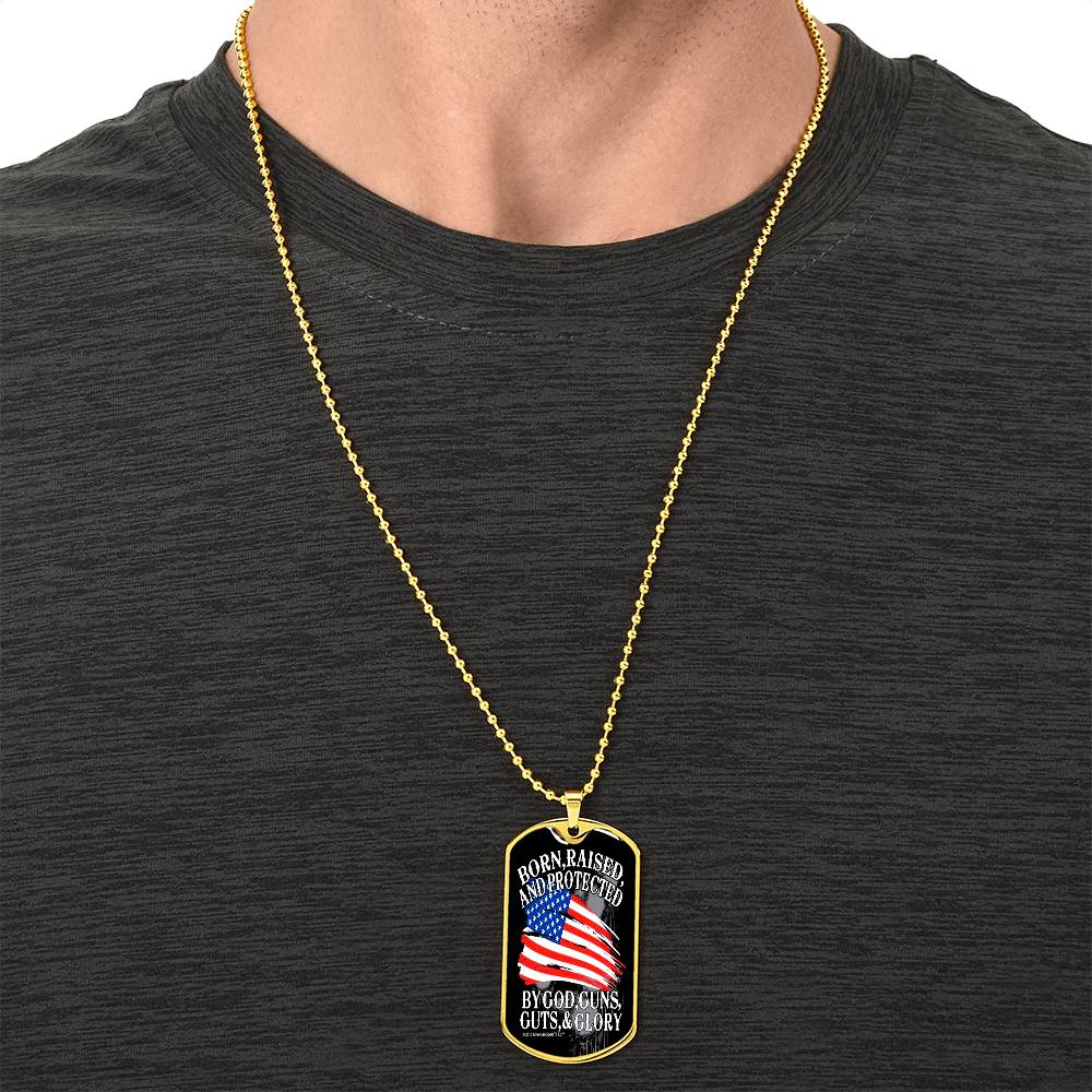 Gold chain worn necklace with patriotic dog tag pendant