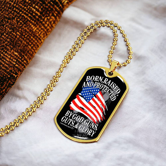 Gold dog tag necklace with patriotic pendant and beaded chain