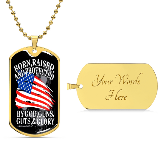 Gold dog tag necklace with chain; “Your Words Here” on curved pendant