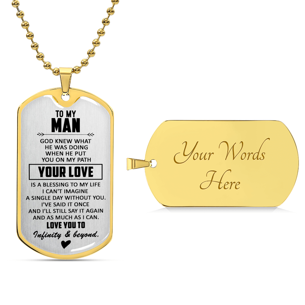 Gold military chain dog tag necklace with engraved pendant, 'Your Words Here'