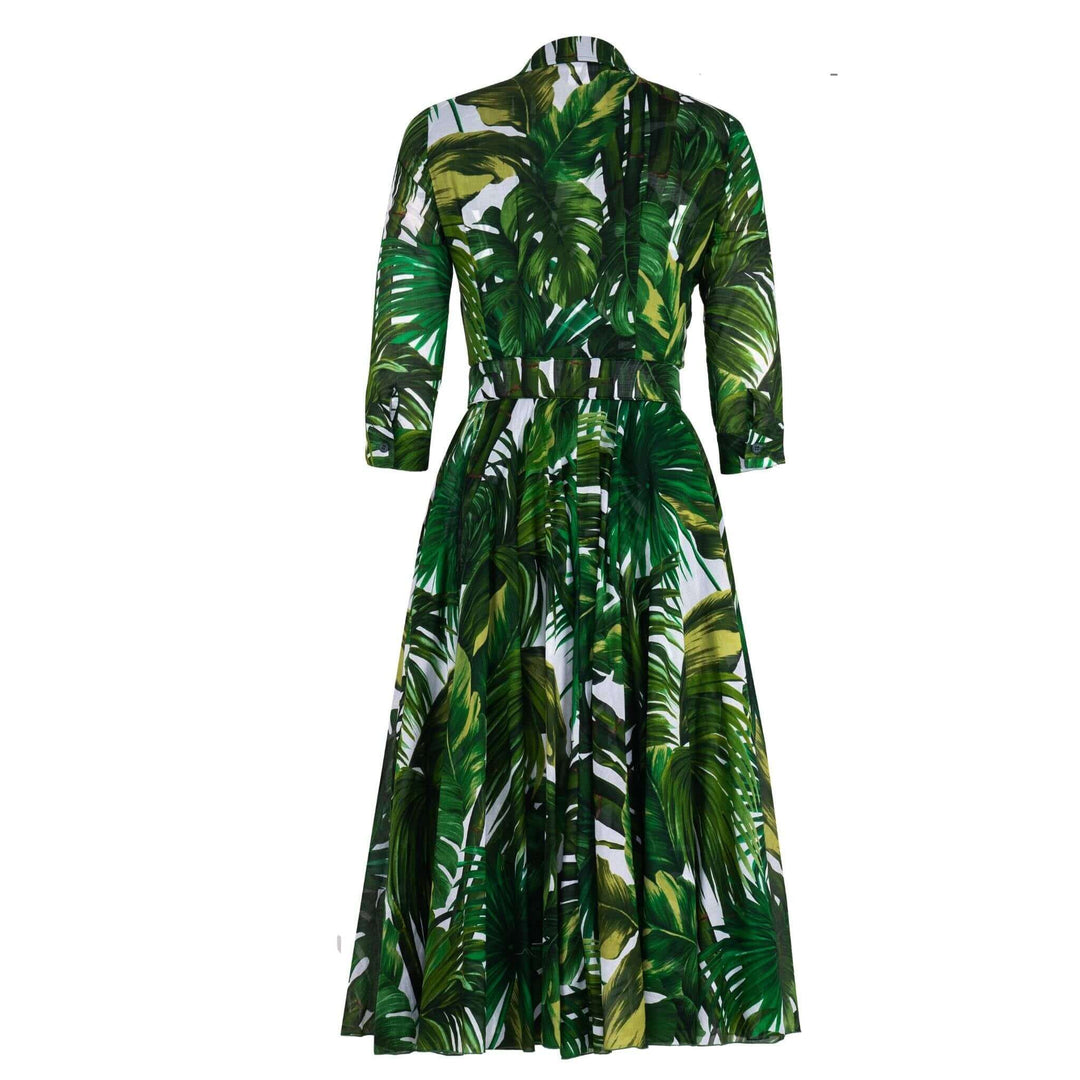 Back view Aster dress, White Pine Green palm print with waist belt and pleated skirt