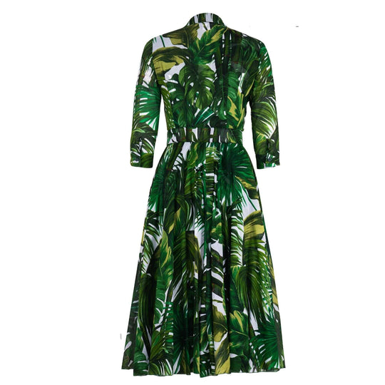 Back view Aster dress, White Pine Green palm print with waist belt and pleated skirt