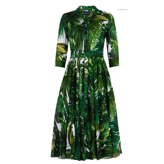 Aster dress in White Pine Green palm print, button-front shirt dress with belt
