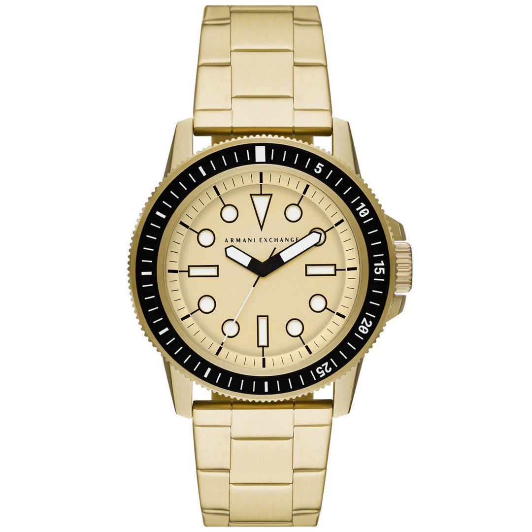 Herren Classic Armbanduhr: beiges Zifferblatt mit schwarzem Lünette-Design, goldfarbenes Band