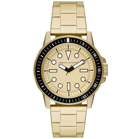 Herren Classic Armbanduhr: beiges Zifferblatt mit schwarzem Lünette-Design, goldfarbenes Band
