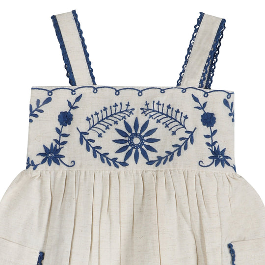 Embroidered linen dress bodice with blue floral motif, ruffled smocking, and two shoulder straps