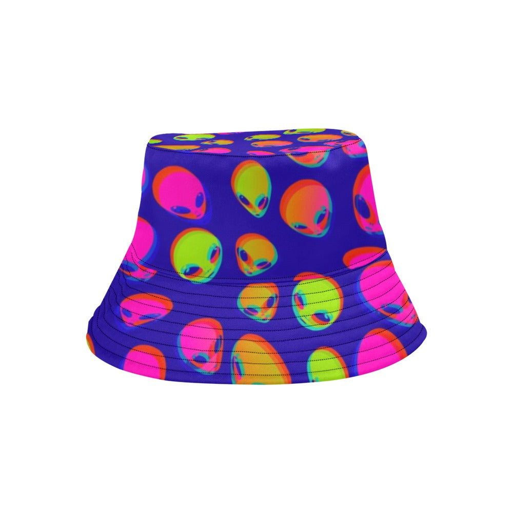 Purple bucket hat featuring neon alien faces with stitched brim