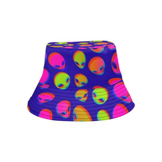 Purple bucket hat featuring neon alien faces with stitched brim