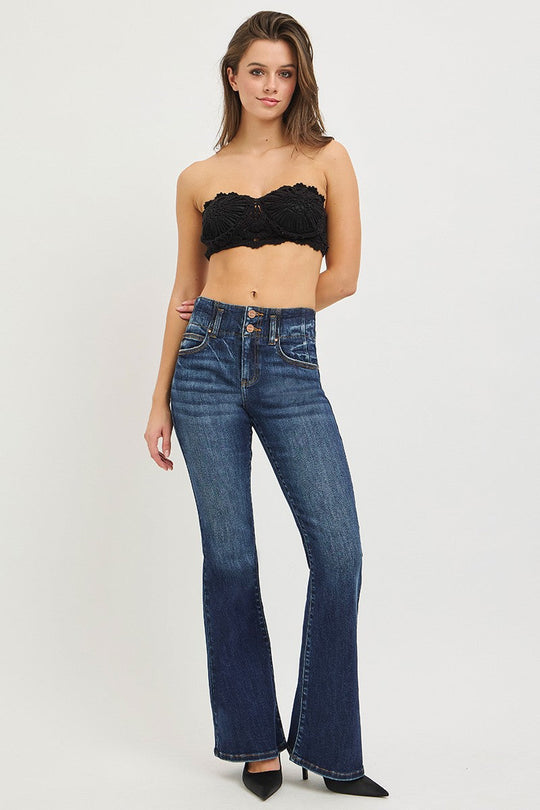Dark wash high-rise flare jeans with button-fly and stitched waistband seams