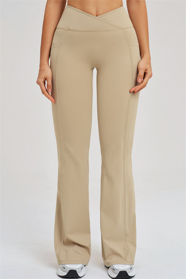 Almond flared leggings, full front view, high-rise waistband and seam detailing