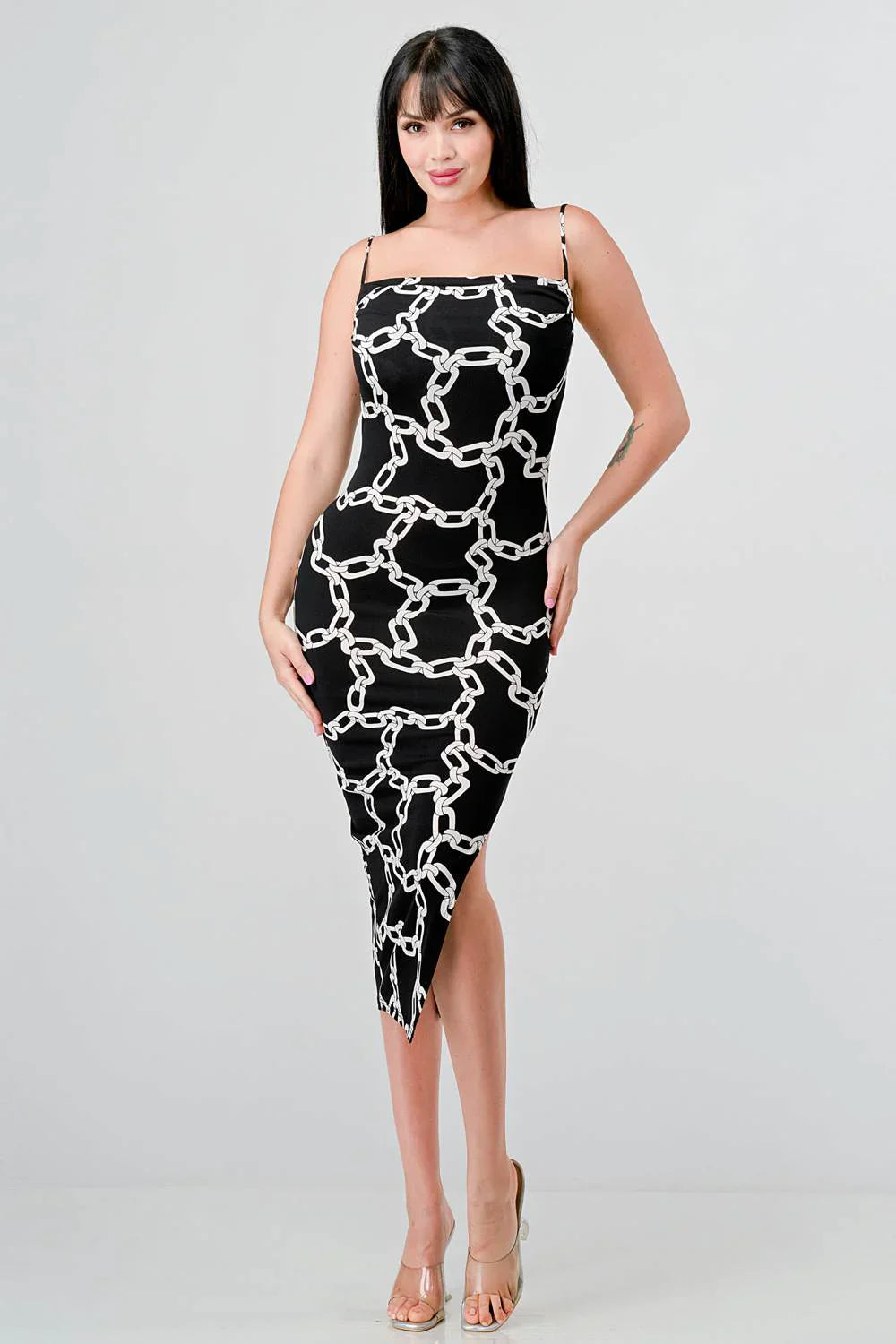 Bella Moda Latina chain-print midi dress, square neckline and side slit; black/white
