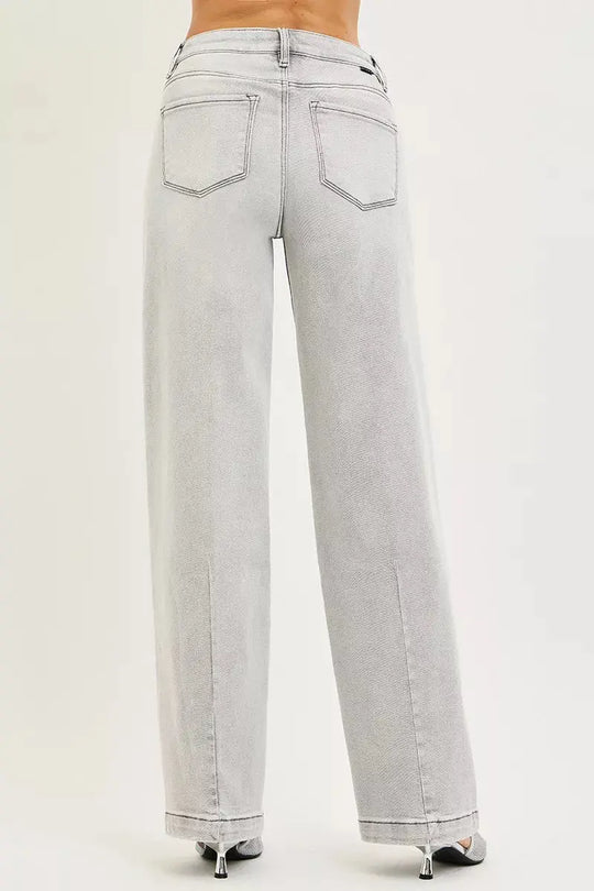 Light gray back: patch pockets, yoke stitching and wide straight legs