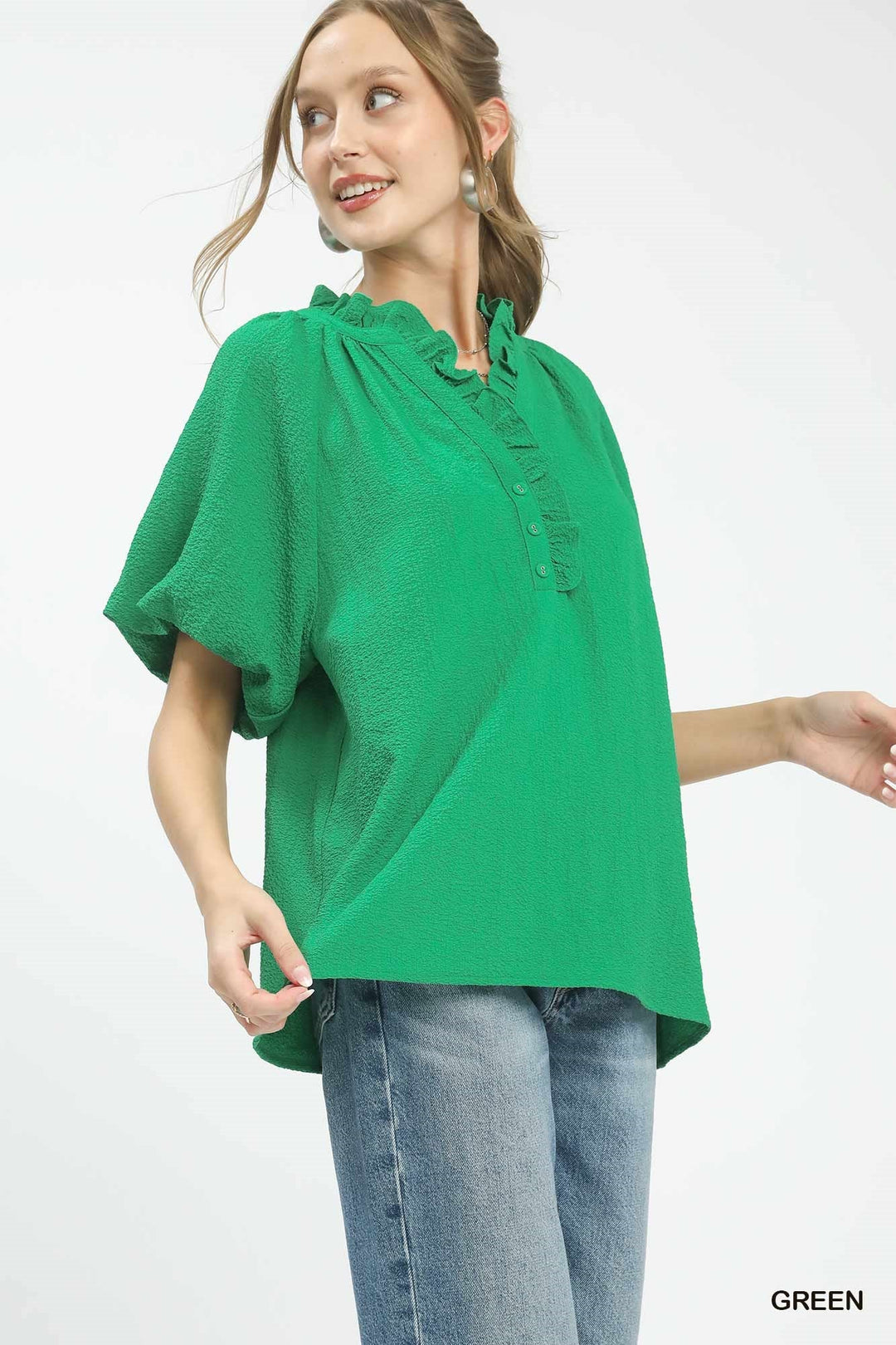 Umgee Puff Sleeve Ruffle Neck Tunic Blouse