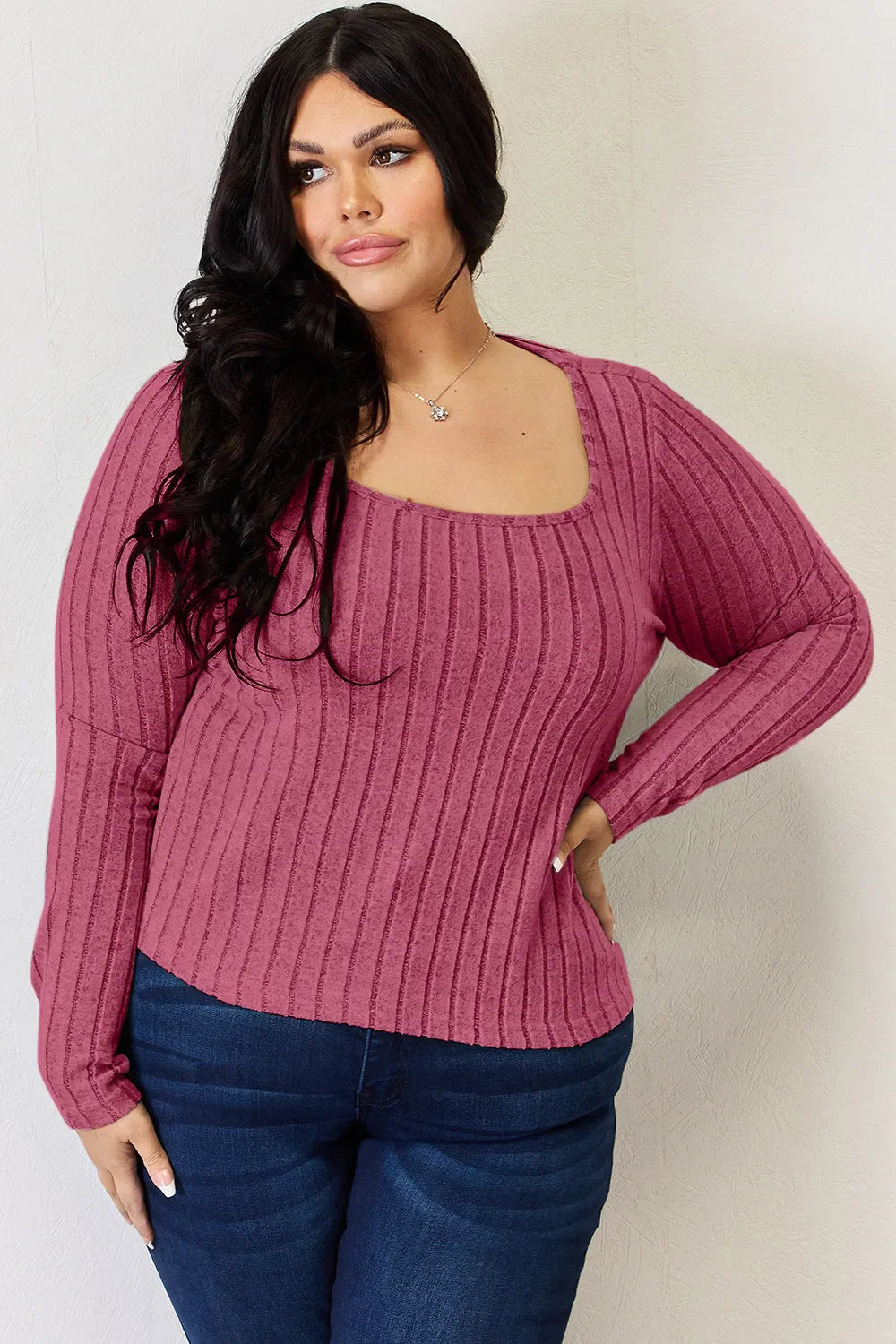 Hot Pink ribbed knit long-sleeve tee with curved hem and wide neckline