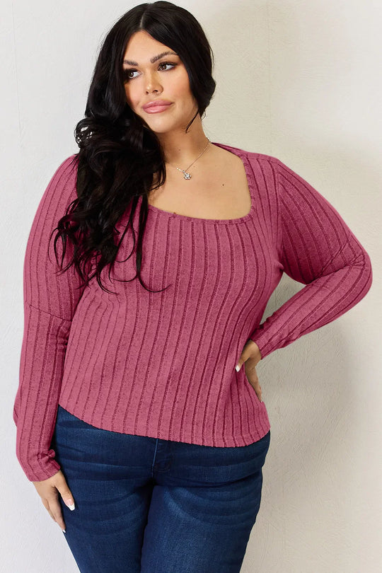 Hot Pink ribbed knit long-sleeve tee with curved hem and wide neckline
