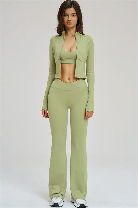 Olive green flared leggings with sports bra and zip-front jacket set