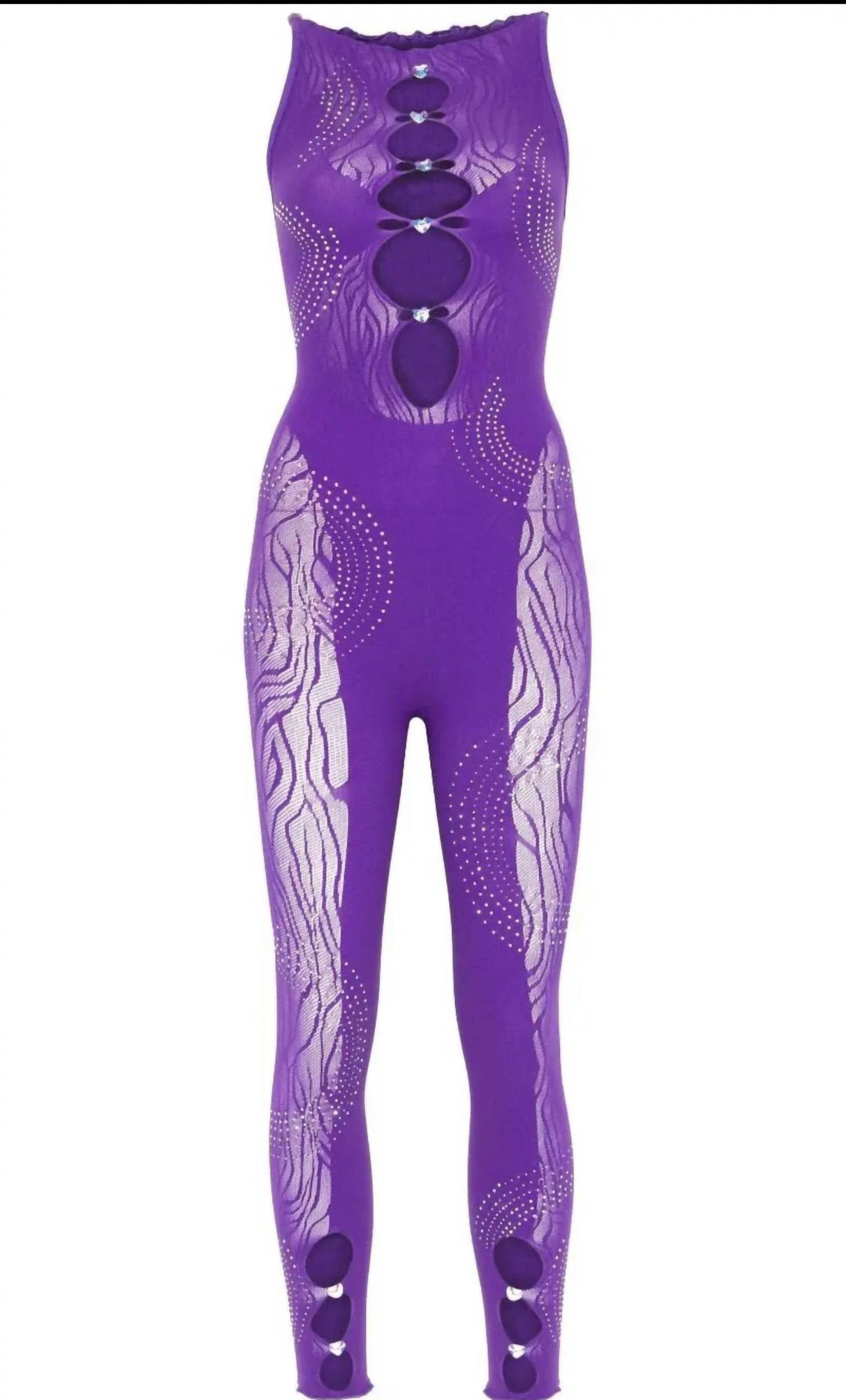 Lila Strass-Jumpsuit mit langen ovalen Cutouts am Mittelteil, ärmellos