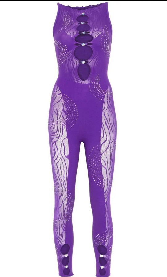 Lila Strass-Jumpsuit mit langen ovalen Cutouts am Mittelteil, ärmellos