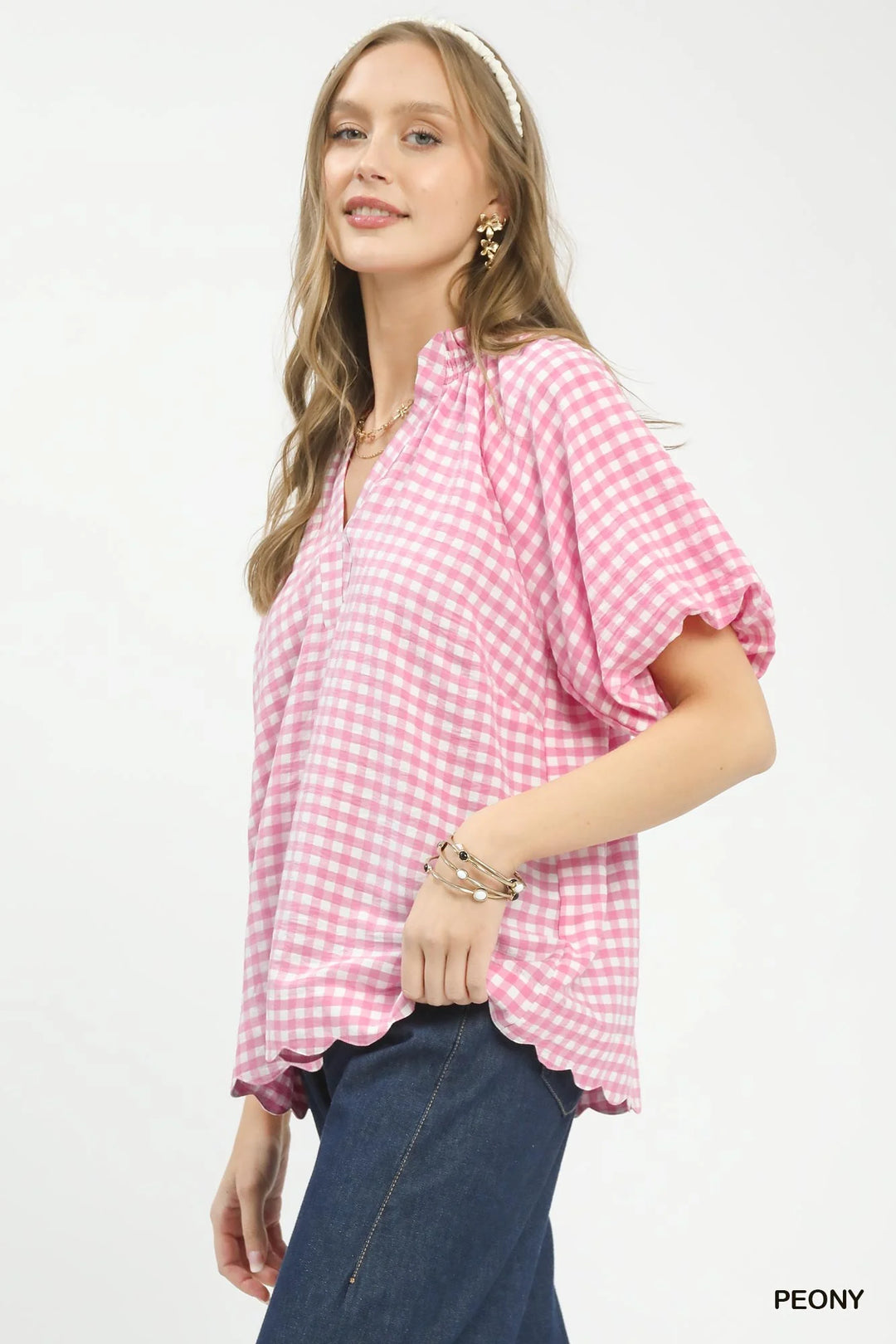 Pink PEONY gingham blouse with V-neck and puffed bubble sleeves