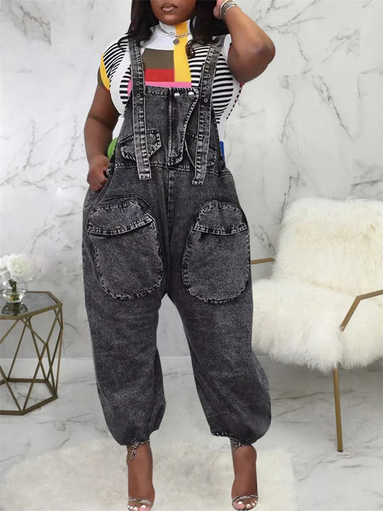Wmstar denim cargo jumpsuit, dark grey wash, wide-leg, large front pockets