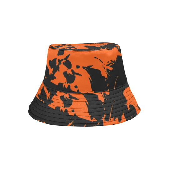 Black and orange bucket hat with paint-splatter graffiti pattern, top and crown