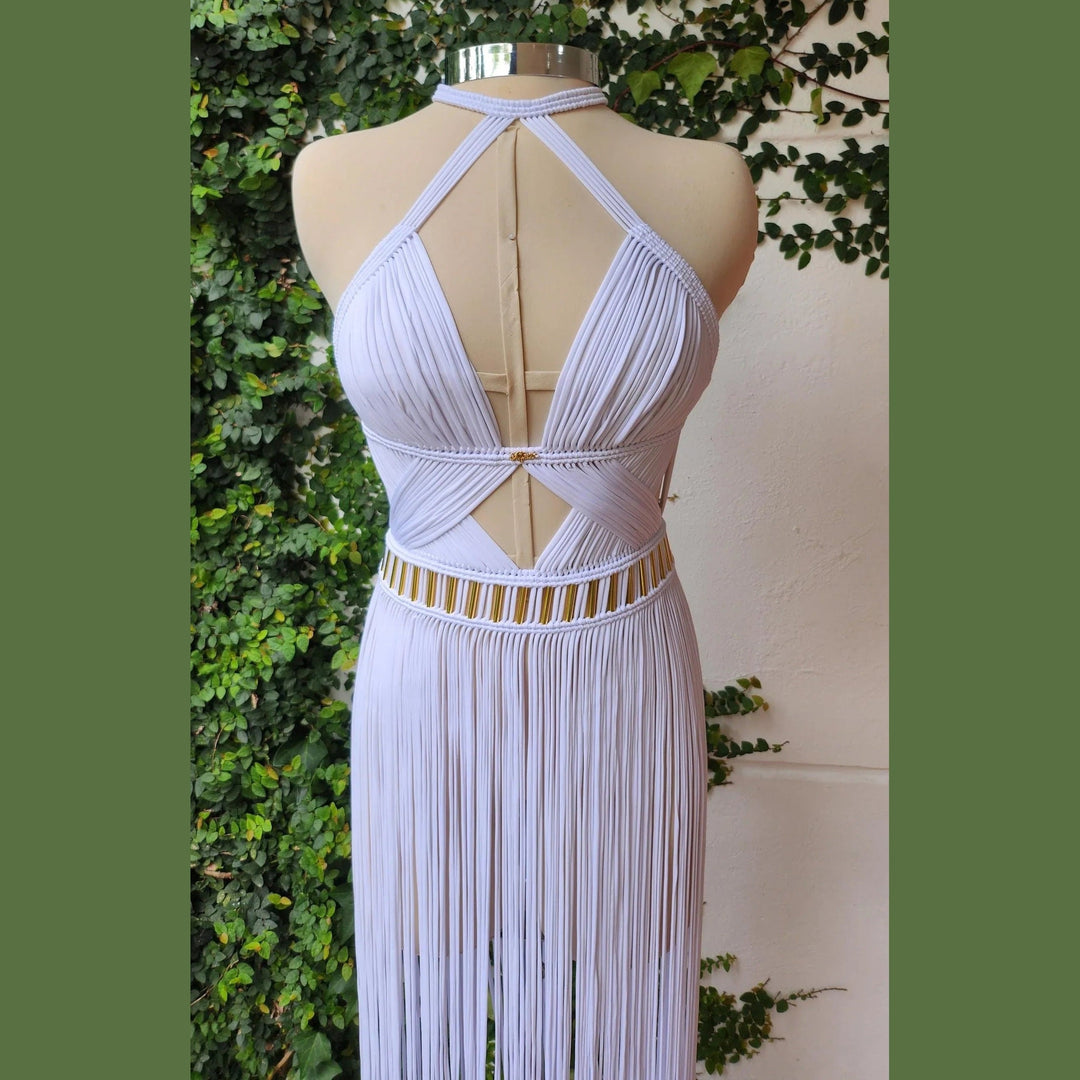 Selene maxi dress back: halter open back with light lilac trim, fringe column skirt