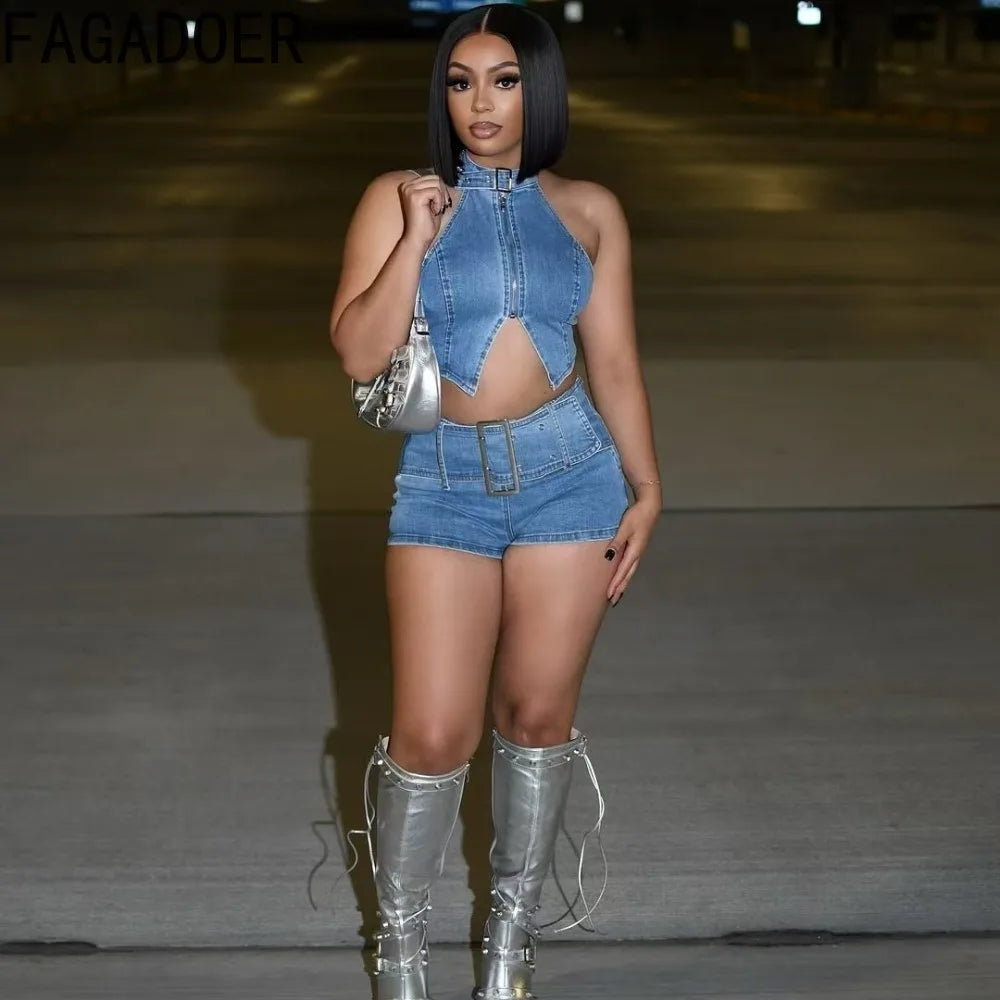 Sky blue denim halter crop top & high-waist shorts set, front zipper, cutout