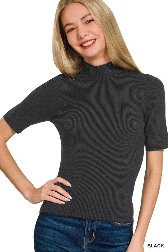 Black ribbed mock neck sweater with short sleeves