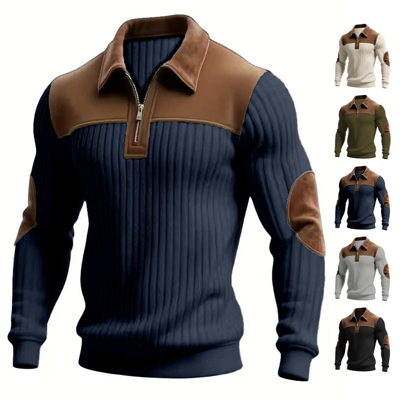 Patchwork-Strickpullover mit Reißverschluss, dunkelblau und braune Einsätze