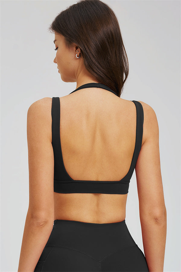 Black sports bra back with crisscross strap detail