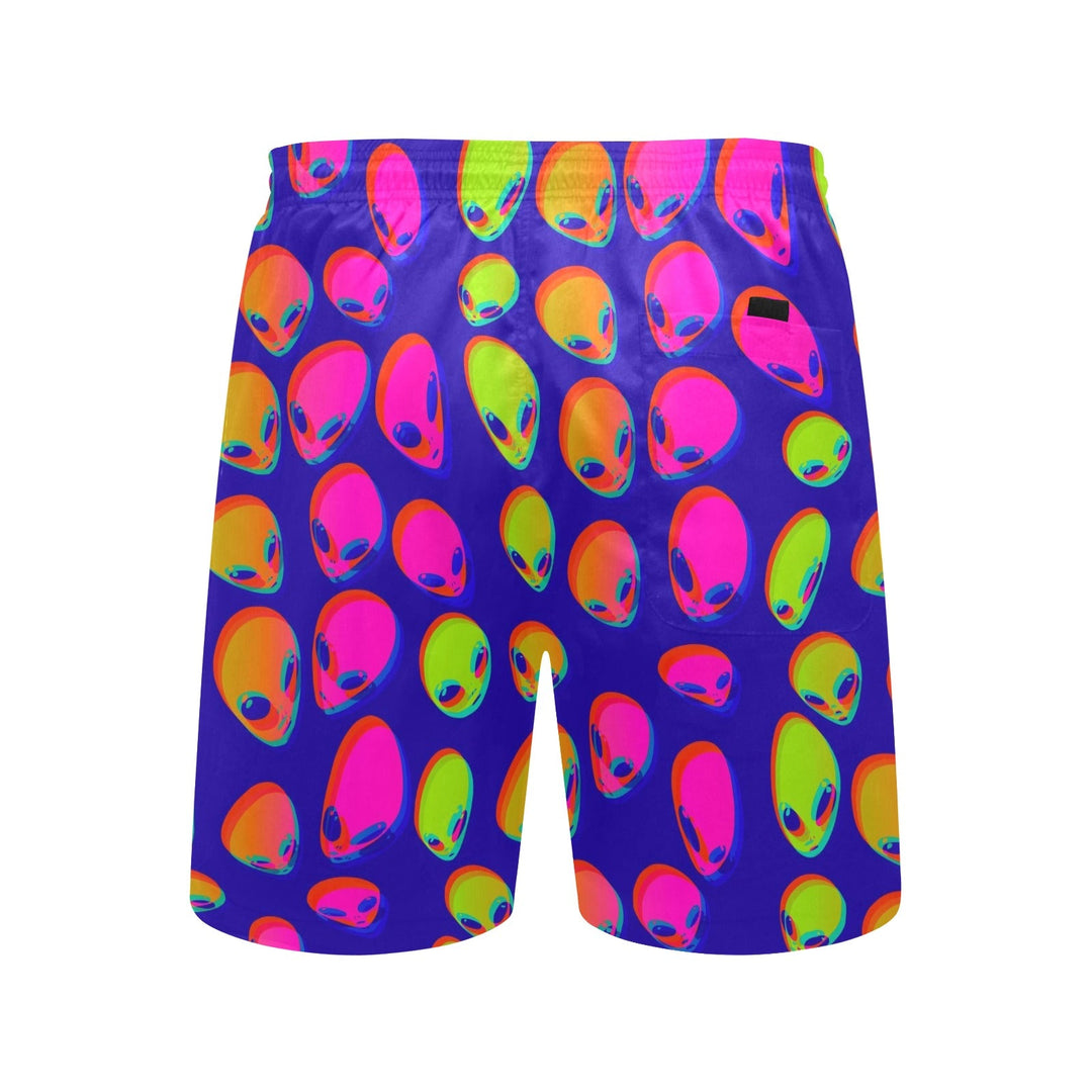 Neon alien blast swim shorts in purple with colorful alien faces, straight leg