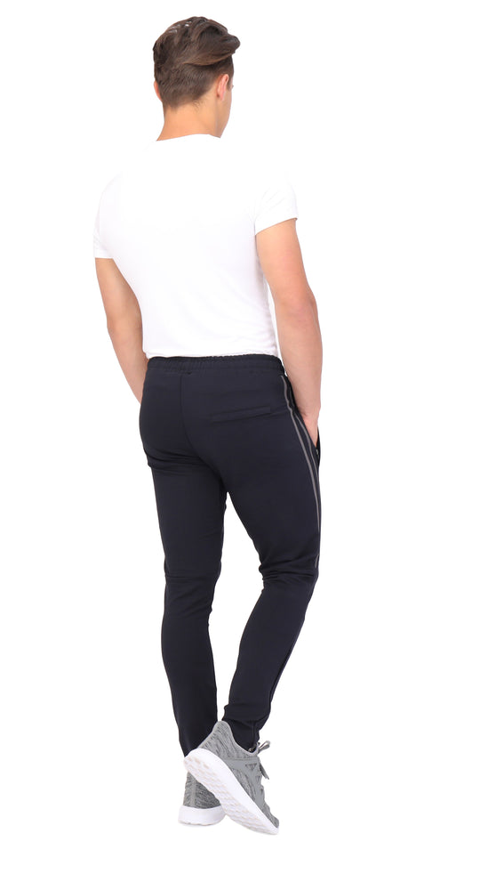Flex jogger sweatpants with back elastic waistband and dark finish, grey side stripe