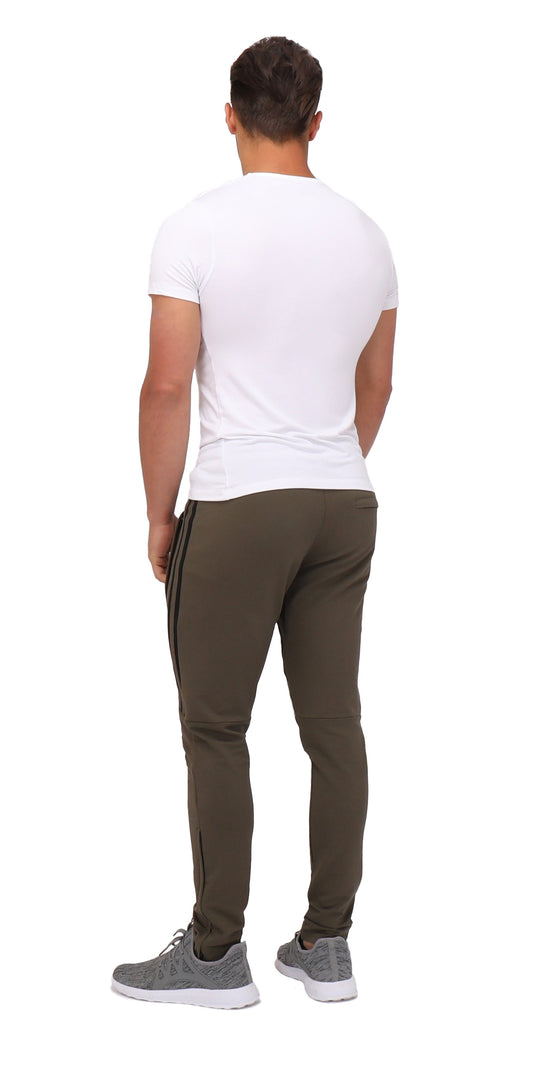 Khaki green jogger sweatpants, rear view with black stripe panels