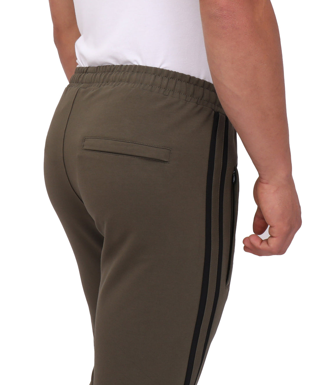 Khaki green jogger with zip hand pocket and black side stripe