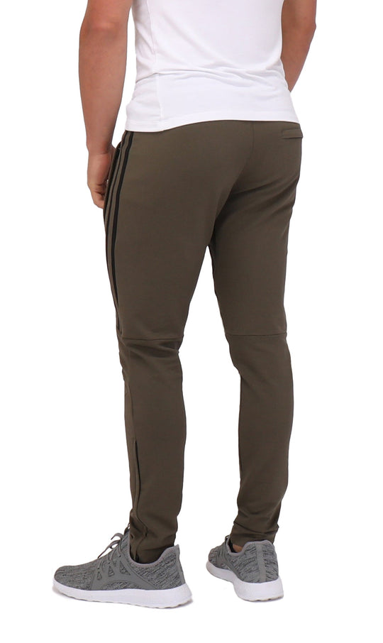 Khaki green jogger sweatpants with drawstring waist and black stripe