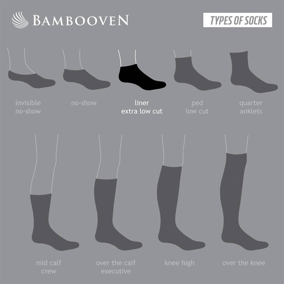 Sock types chart showing no-show, liner, ped low cut, quarter, and crew styles