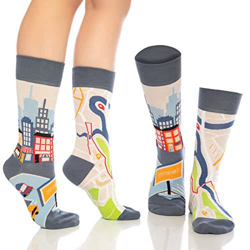 White crew socks with city skyline and flamingo graphics, gray cuffs and heel
