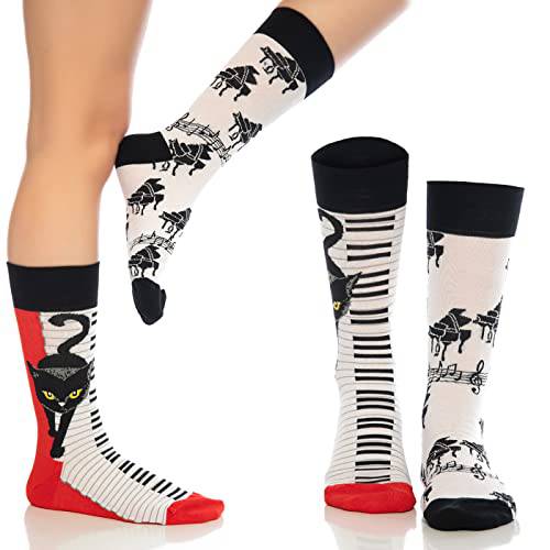 Crew socks with cat-and-music line pattern, white with black cuffs and red toe panels