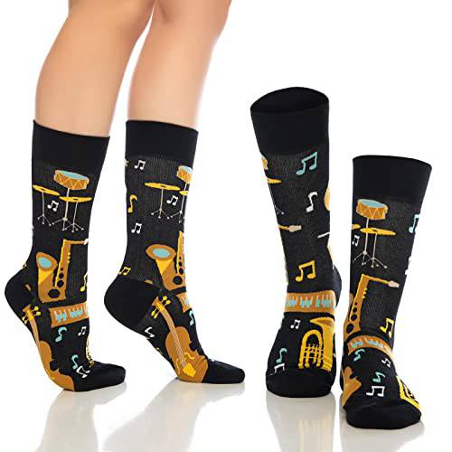Black crew socks with gold instrument icons, dark cuffs and warm orange accents