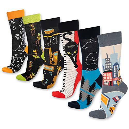Black crew socks with cat-themed prints, neon green cuffs, 6-pack assorted styles