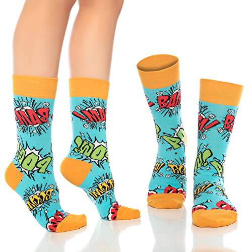 Hellblaue Fun-Crew-Socken mit Comic-„BAM“-Print und orangefarbenen Bündchen