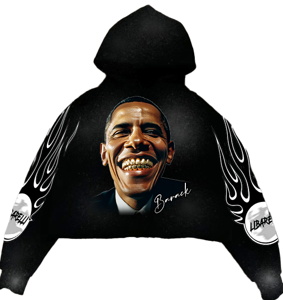 Barack Hoodie con graphic en el frente y llamas en las mangas, capucha negra