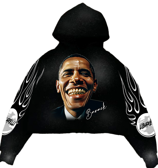 Barack Hoodie con graphic en el frente y llamas en las mangas, capucha negra